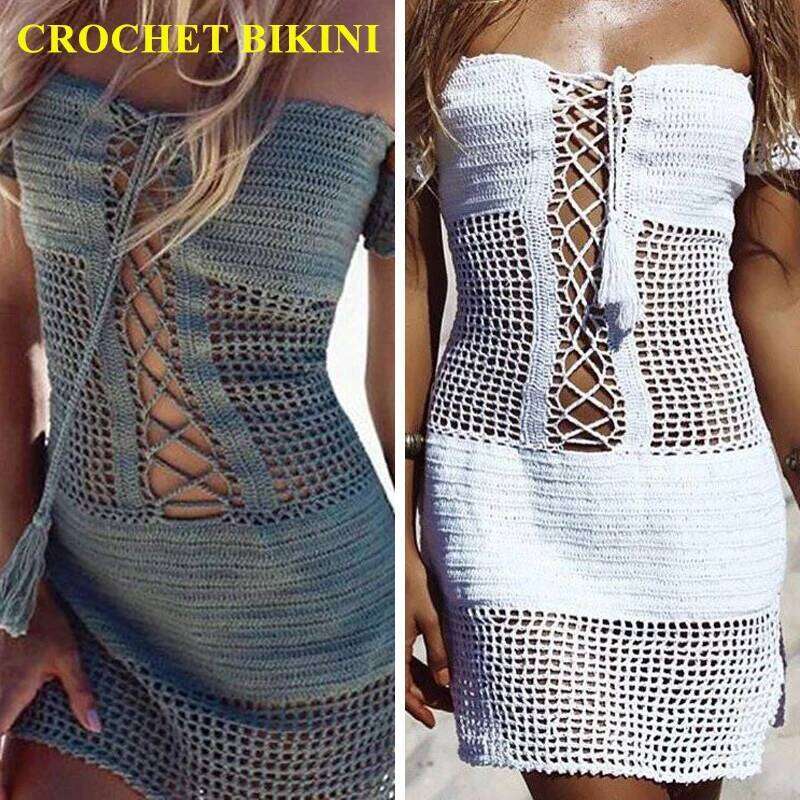 CROCHET BIKINI Sexy Women's Beach Swimsuit Strappy Off Shoulder Dress Boho Crochet Bikini Cover Up Beachwear