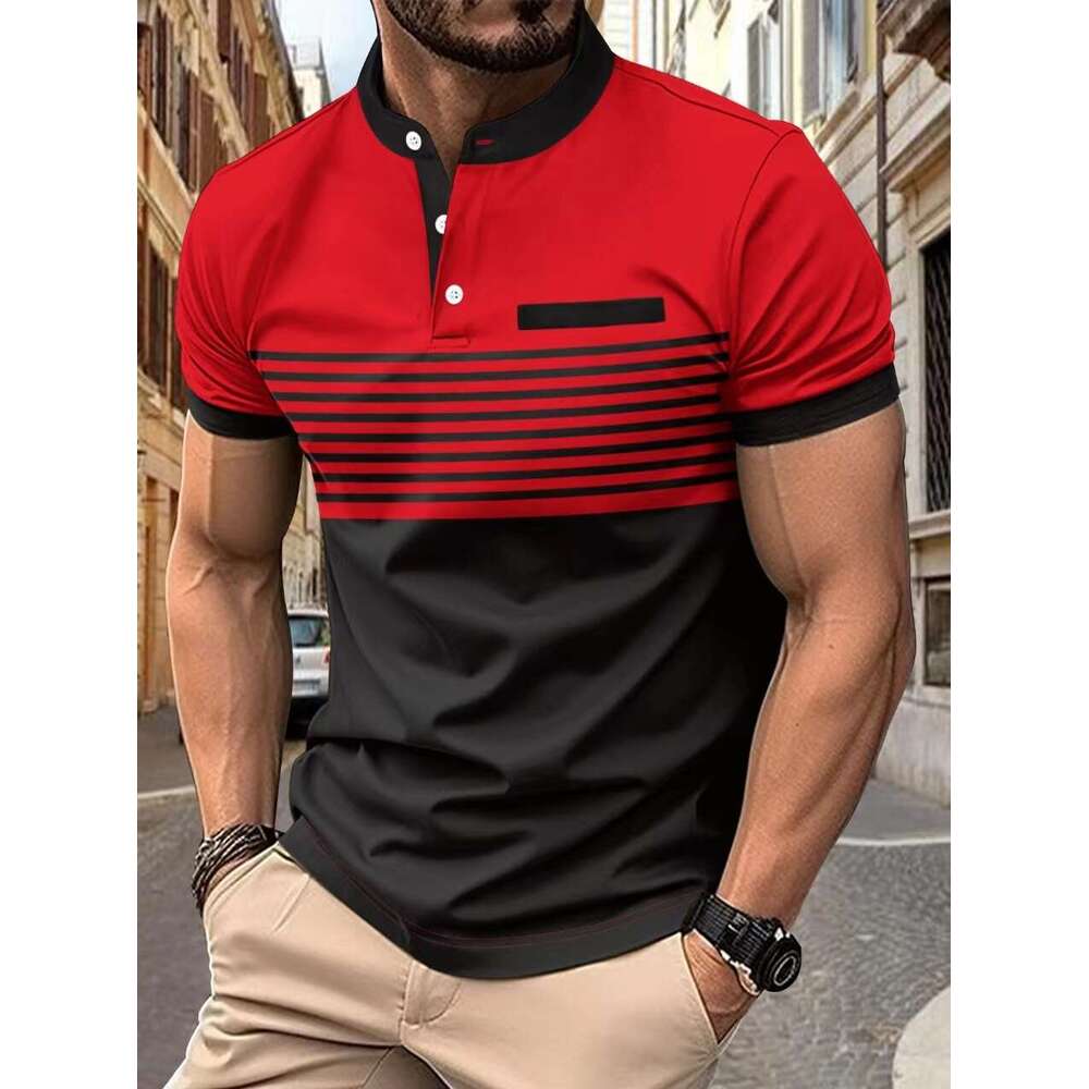 Summer New Fashion Striped Stand Collar Short Sleeve Polo Men's Golf Henley Shirt B5