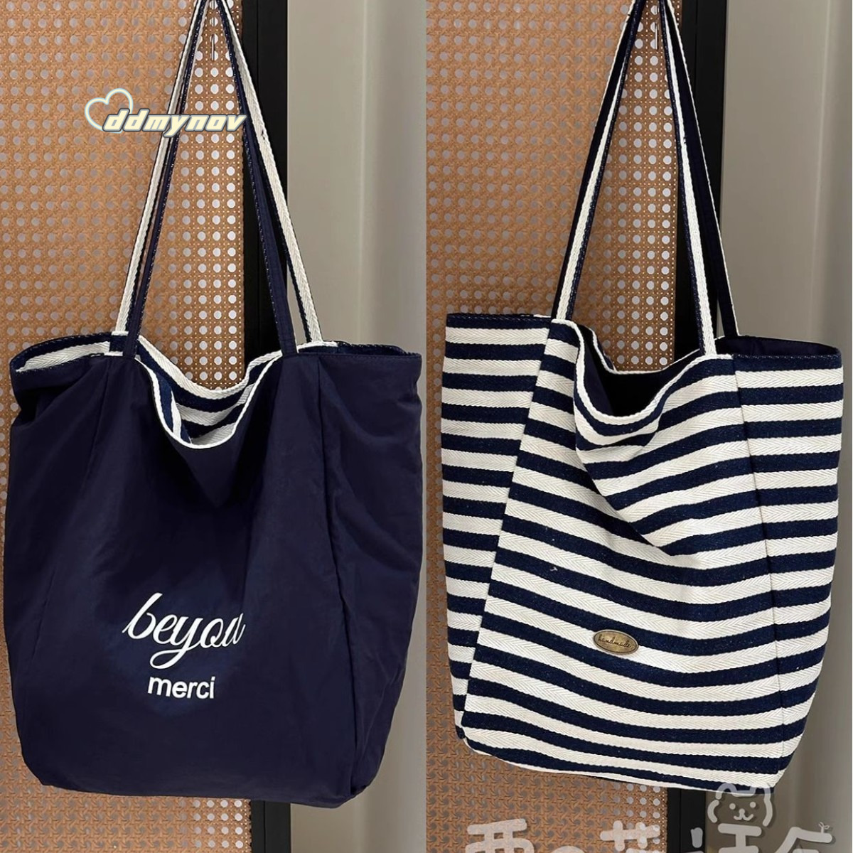 Live Exclusive Striped Double-Sided Shoulder 2025 New Simple Student Class Commuting Canvas Tote Bag ddmynov ddmynov