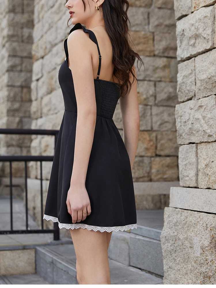 NewAsia Chic Party Dress with Floral Decor and Bow Detail Strappy Square Neck Backless Mini Dress Summer Cocktail Night Outfit XJ250610
