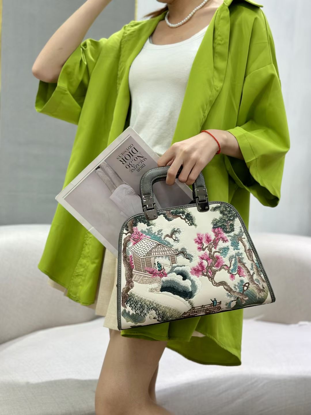 Vintage Chinese Style Embroidered Dark Green Bamboo-Handle Handbag designer bag
