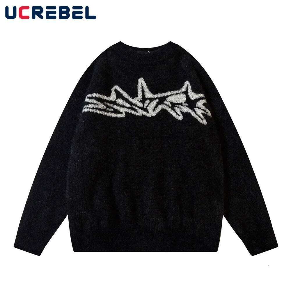 Jacquard Knitted Mens Autumn Winter Loose Casual Long Sleeve Sweater High Street Round Neck Pullover Men