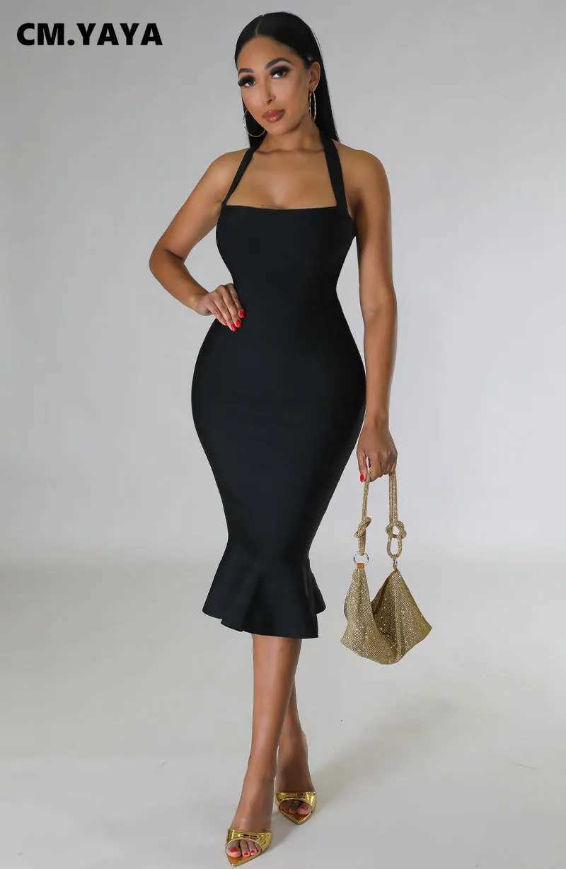 CM.YAYA Women Halter Sleeveless Ruffles Mermaid Bodycon Midi Dress 2023 Summer Sexy Clubwear Party Evening Dresses XJ250610