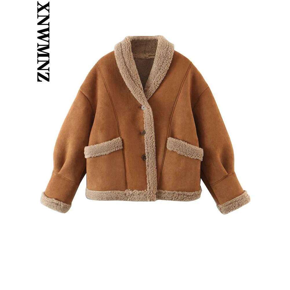 XNWMNZ Fall Winter Fashion Loose Pocket Jacket Women's Retro Suede Lamb Wool Warm Coat