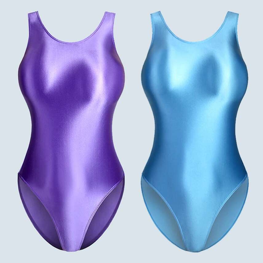 Japanese Satin Glossy Shiny Crotchless One Piece Swimsuit Sexy High-Cut Bikini Briefs Body Suits Silky Smooth Women Swim Wear