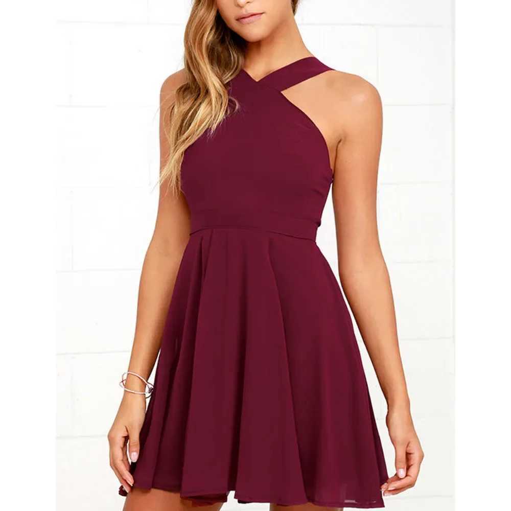 Women Sleeveless Backless Sexy Club Mini Dress 2024 Summer Party Strappy Back Zipper Solid Shift Halter Short Dresses XJ250610