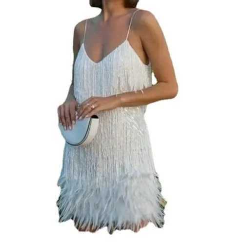 2024 Summer New Fashionable Framed Sequins Feather Patchwork Dress Colorful Direct Sales Womens Sleeveless Dress XJ250610