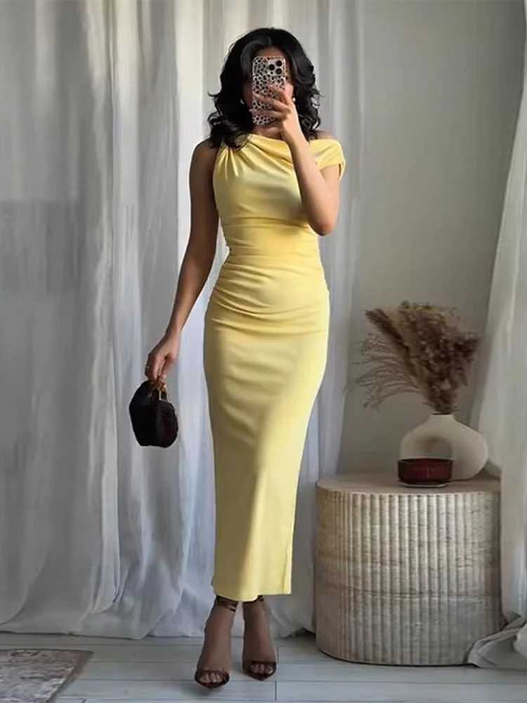 TRAF Yellow Draped Long Dresses for Women Asymmetric Summer Dress Woman 2025 Sleeveless Party Womens Dresses Pleated Beach Dress XJ250610