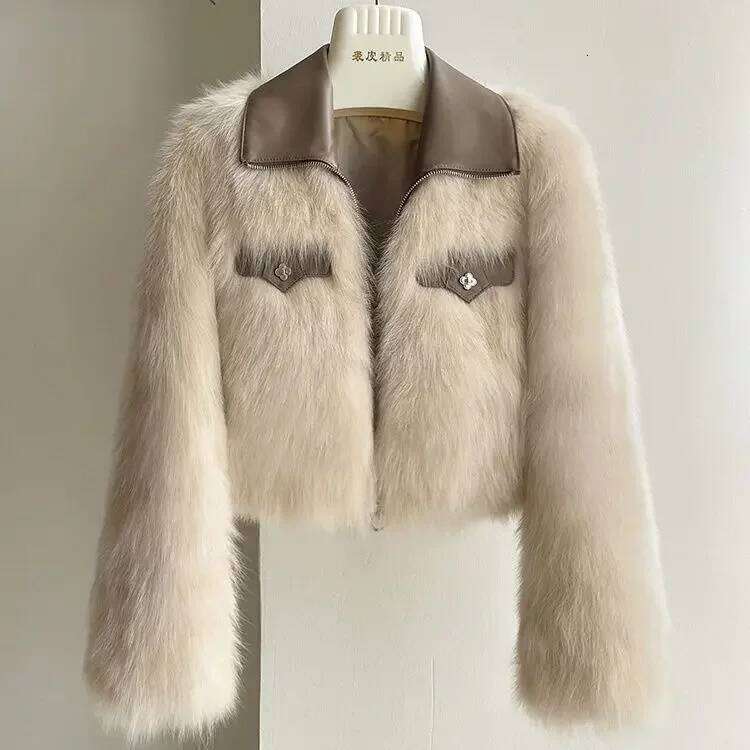 Pop Spring And Autumn Korean Chic Polo Collar Loose Clothing Winter Coat Faux Fox Fur Plush Short Jackets Women