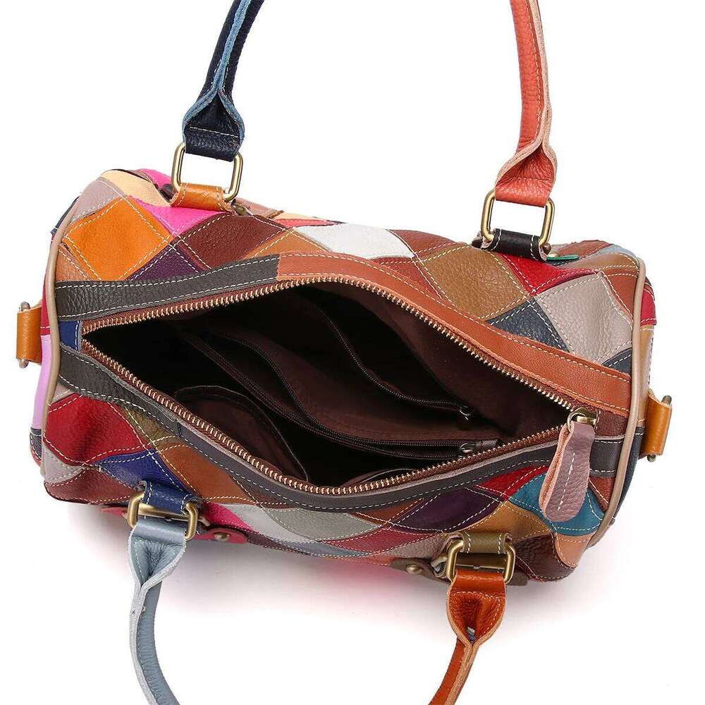 Fashion Genuine Leather Patchwork Handbag Plaid Color Contrast One Shoulder Ladies Boston Women Pillow Bag