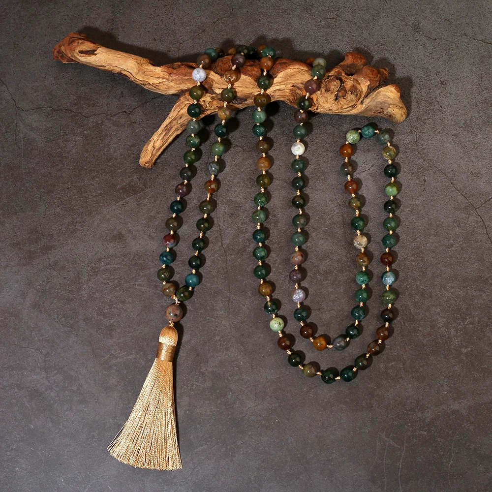 6mm/8mm Indian Agate 108 Mala Beaded Necklace Meditation Prayer Rosary with Tassel Pendant for Men and Women 250604