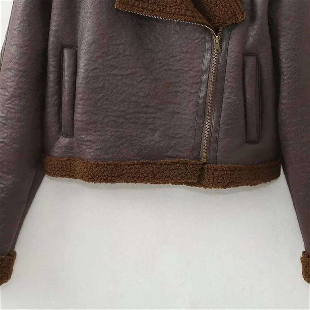 TRAF Autumn New Product Women's Fashion Casual Motorcycle Short Leather Jacket Long Sleeve Coat