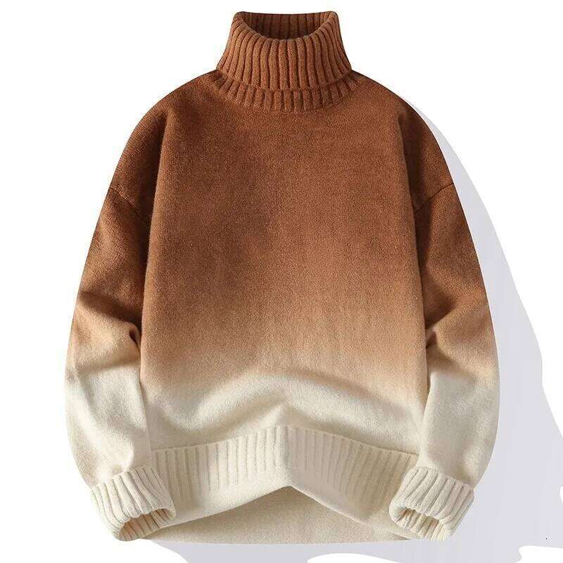 Men Turtleneck Sweater Classic Gradient Knitted Pullover Vintage American Fit Loose Haruku Men's Knitwear Sweaters Multicolors