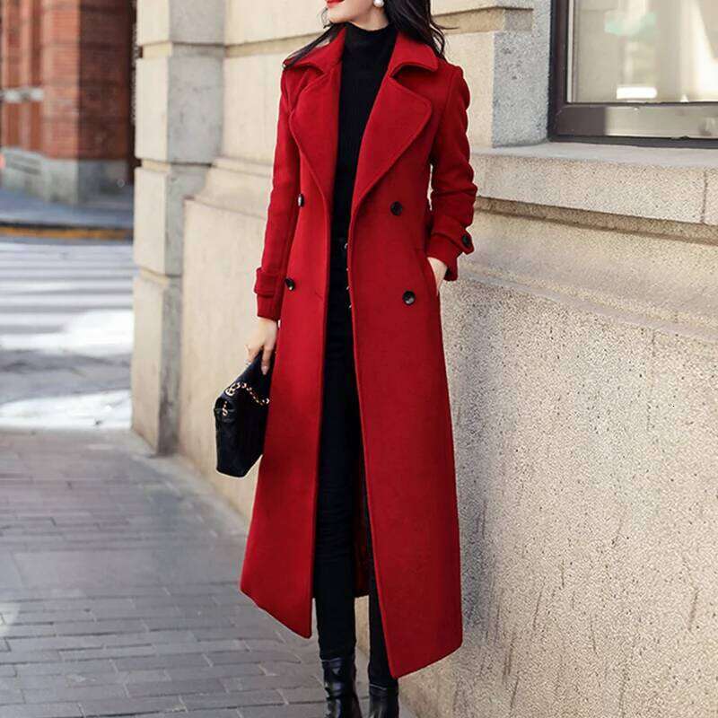 Winter Women's Coat Woolen Long Trench Outerwears Double-Breasted Coats Belt Lapel Warm Streetwear Temperament Tops Jacket S-3Xl