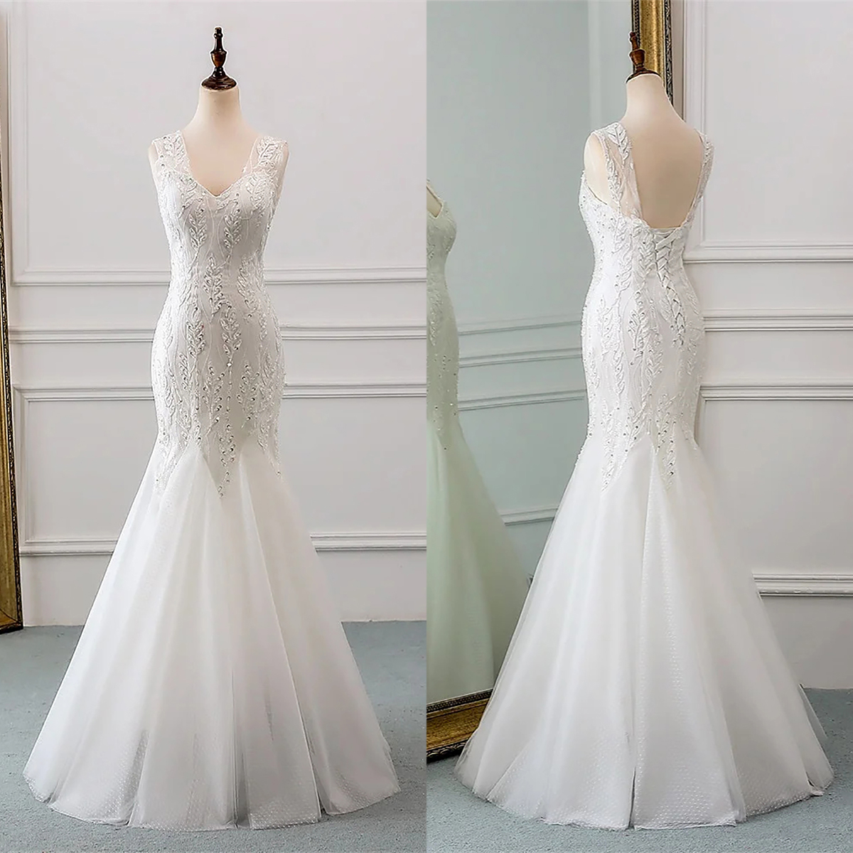 Elegant Sequined Lace Mermaid Wedding Dresses Sweetheart Neck Bridal Gowns Sleeveless Tulle Skirt Bride Dresses Second Birthday Engagement Gowns