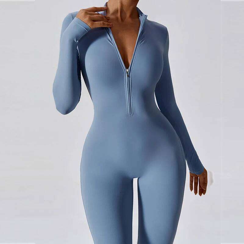 Spring Autumn Sporty Jumpsuit Woman Zipper Yoga Bodysuit Fiess Set Long Sleeve Workout Overalls Zip Women's Tracksuit Outfits