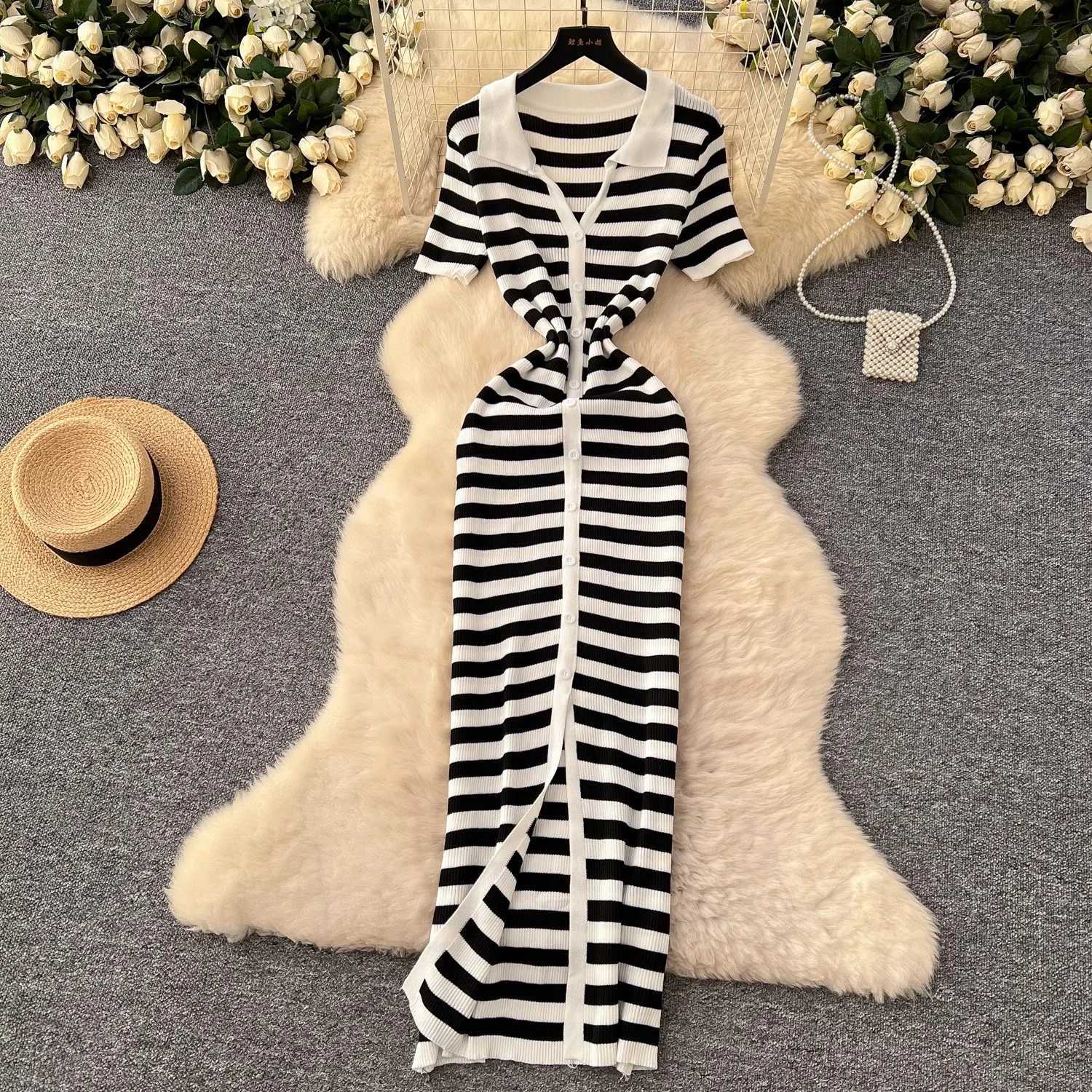 YuooMuoo Chic Fashion Sexy Wrap Hips Knitted Maxi Dress 2025 Summer Women Single-breasted Stripes Sweater Dress Streetwear Robes XJ250610