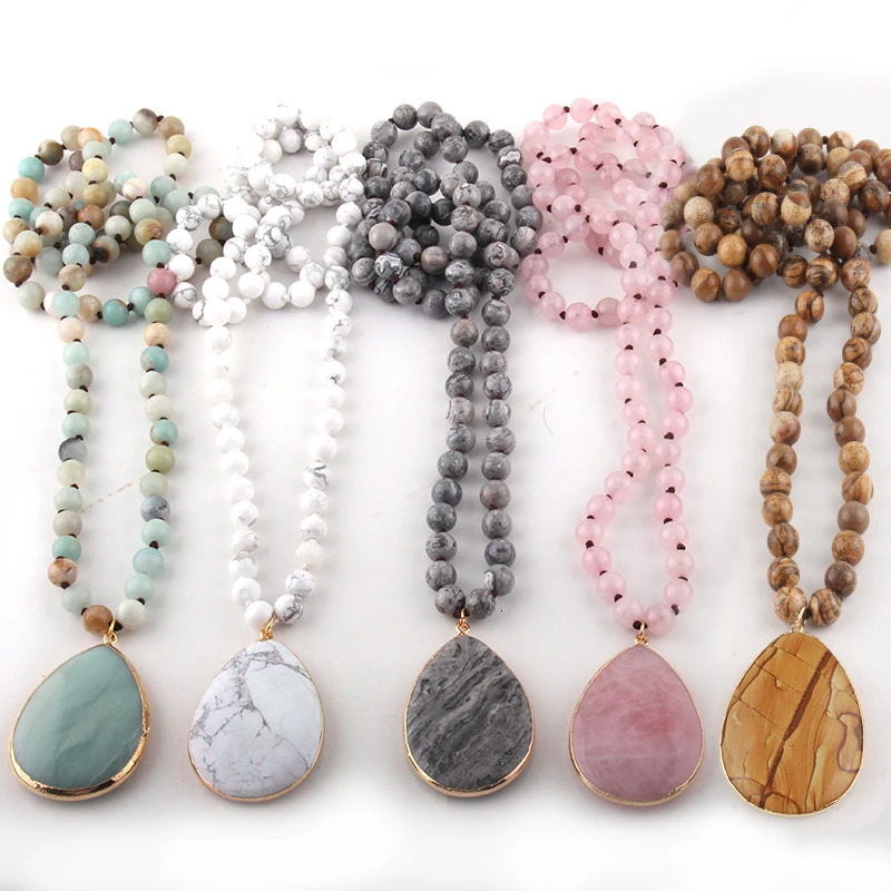 Fashion Bohemian Jewelry Natural Stone Knotted Stone Matching Drop Pendant Necklaces Women Beaded Necklace 250604