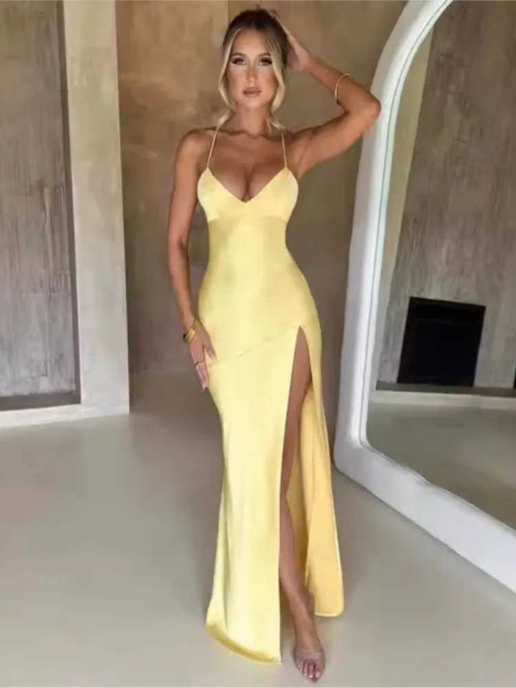 Womens Bandage Backless Elegant Dresses Split Hem Spaghetti Strap Slim Cocktail Party Club Fashion Satin Solid Lace-Up Dresses XJ250610