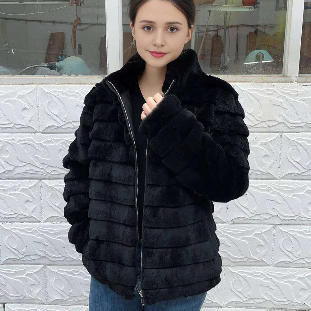 Fancy Rani Natural Rex Rabbit Coat Women Winter Jacket Real Leather And Fur Clothing Female Outerwears With 2024 Black Cold