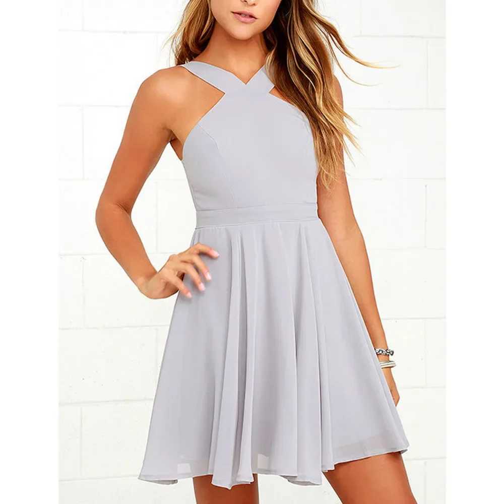 Women Sleeveless Backless Sexy Club Mini Dress 2024 Summer Party Strappy Back Zipper Solid Shift Halter Short Dresses XJ250610