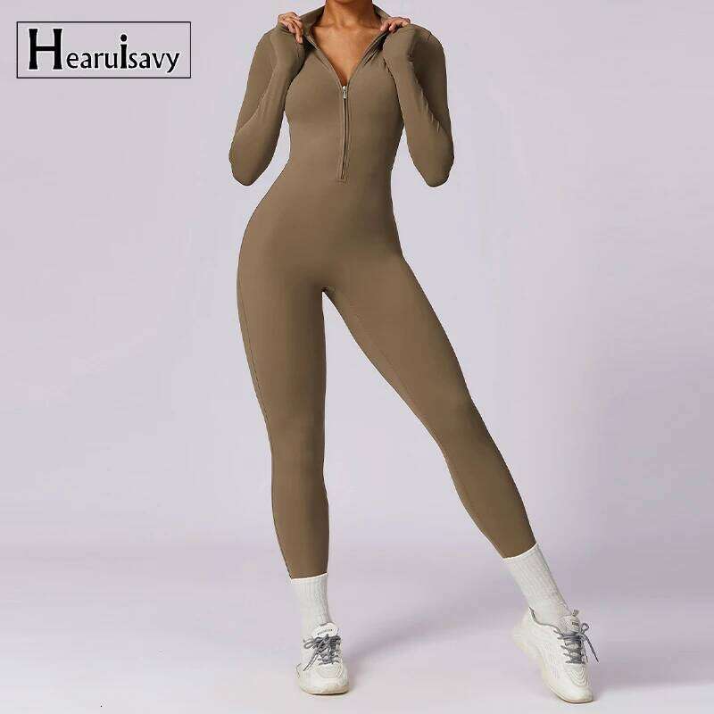 Zipper Long Sleeve Gym Sportswear Yoga Boilersuit Women Sports Jumpsuit Fiess Rompers Stretch Workout Bodysuits