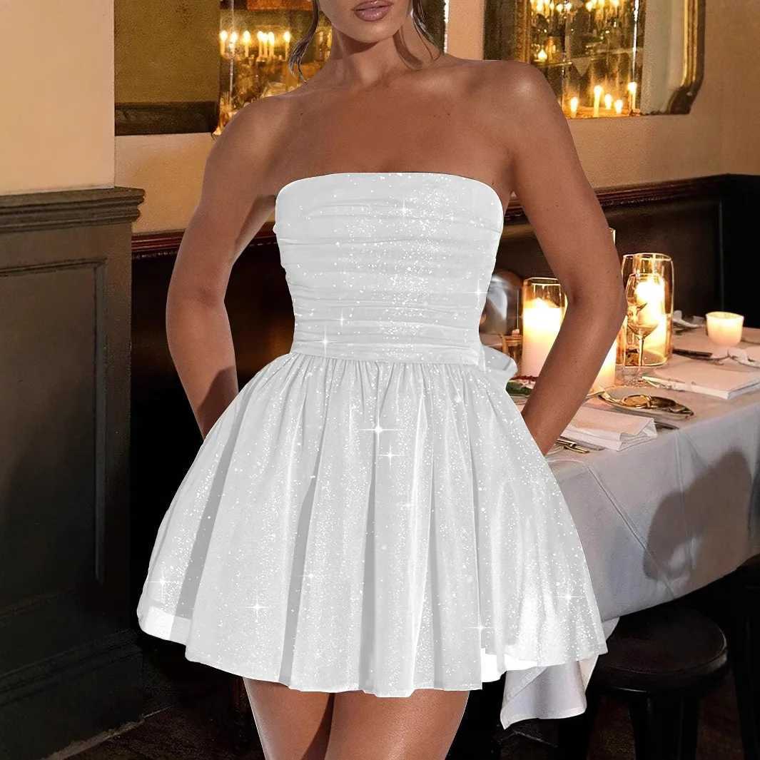 Temperament Mesh Sequin Strapless Tight Short Dresses For Women Sleeveless Back Bow Tie White Pink Elegant Evening Party Dress XJ250610