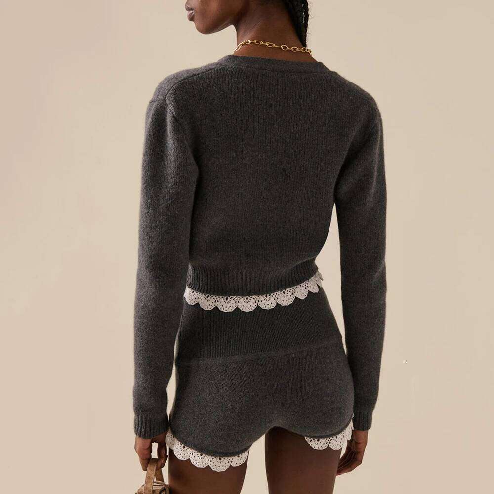 Wool Blend Women Cardigan Y2k Lace Temperament Elegant V-Neck Long Sleeve Knit Top Sweater 2025 Spring New