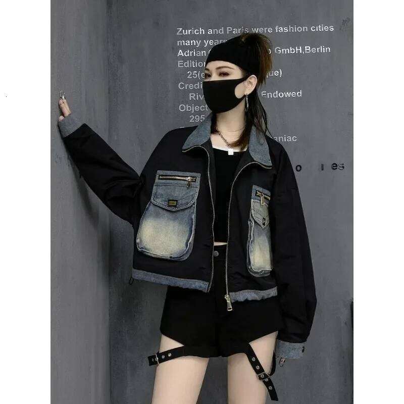 Women's Fashion Pocket Contrast Color Standing Collar Jacket Clip Cotton Thickening European Long Sleeve Denim Splicing Coat