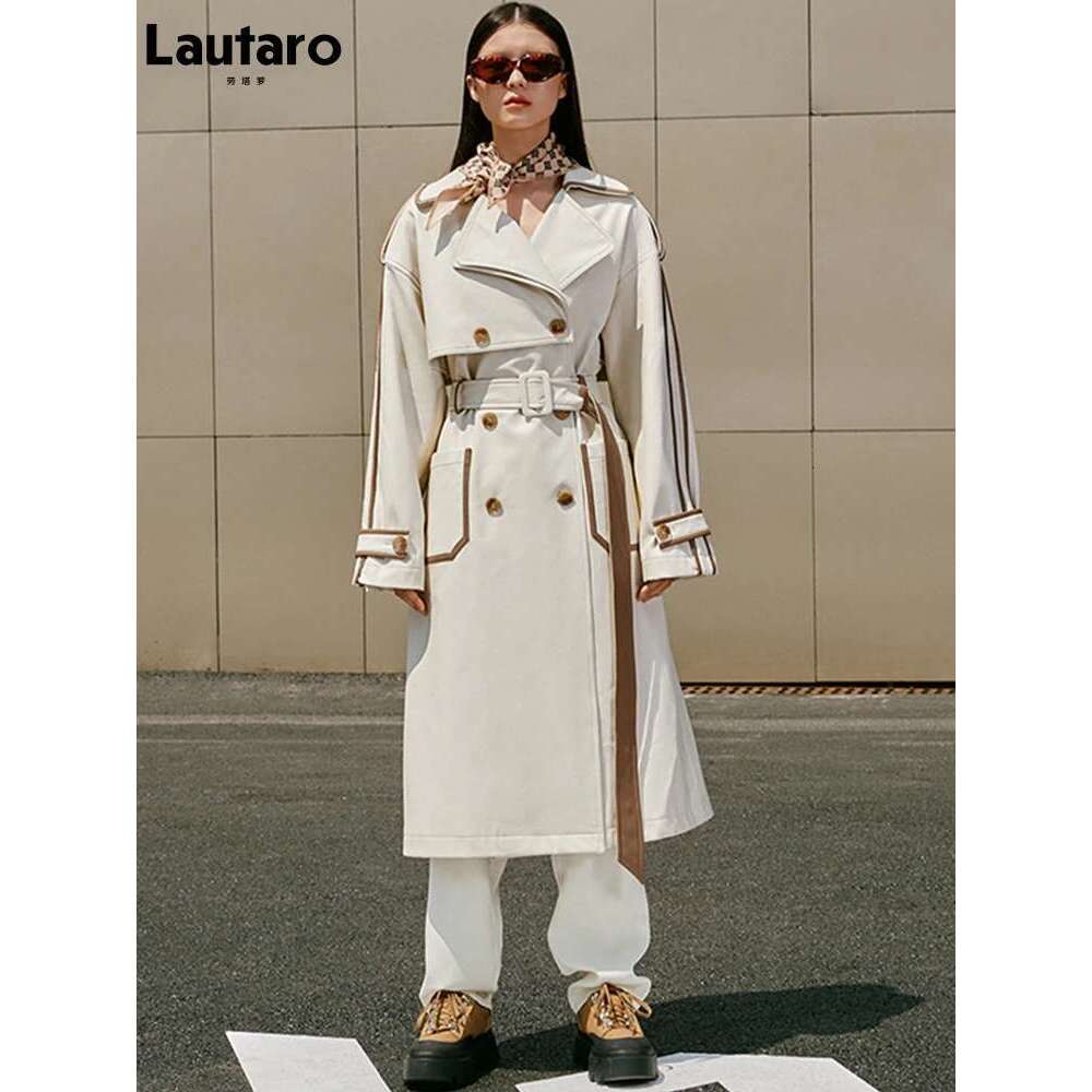 Lautaro Spring Autumn Long Color Block Pu Leather Trench Coat for Women Belt Pockets Designer Loose Stylish Clothes 2022