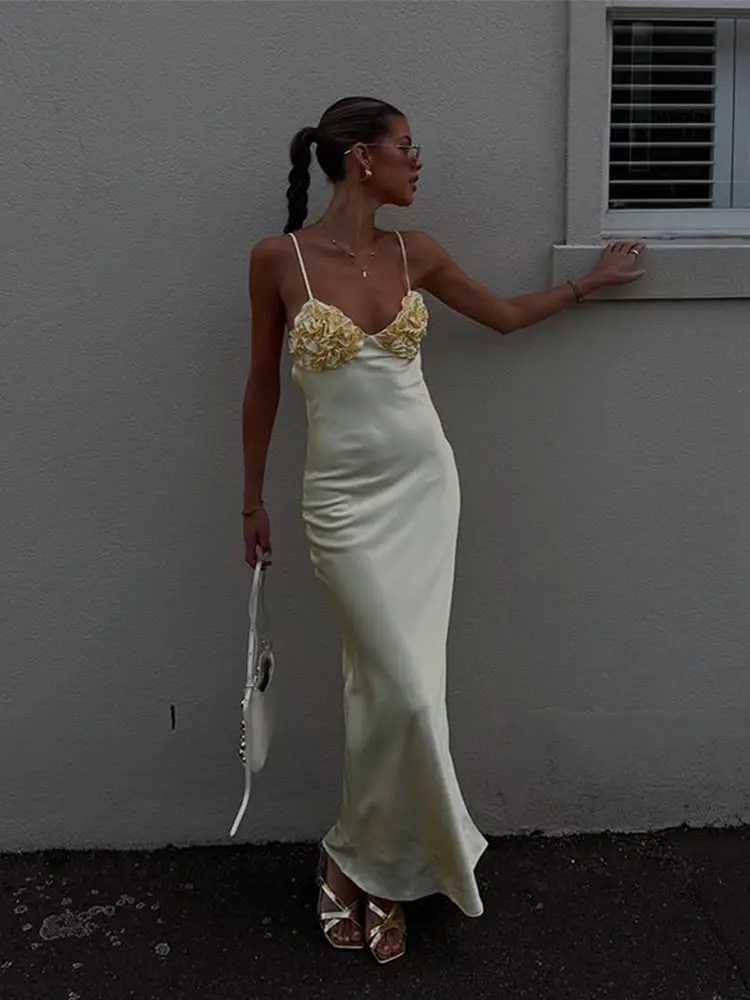 Satin 3D Flower Yellow Dress Women Slip V-neck Sleeveless Backless Lace Up Dresses 2025 Summer Lady Party Evening Slim Lady Robe XJ250610