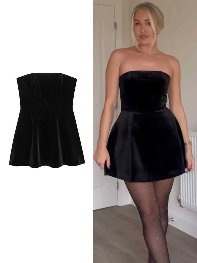 TFMLN Solid Velvet Strapless Mini Dress For Women Elegant Off Shoulder Sleeveless A-Line Party Dress Back Zipper Sweet Dress XJ250610