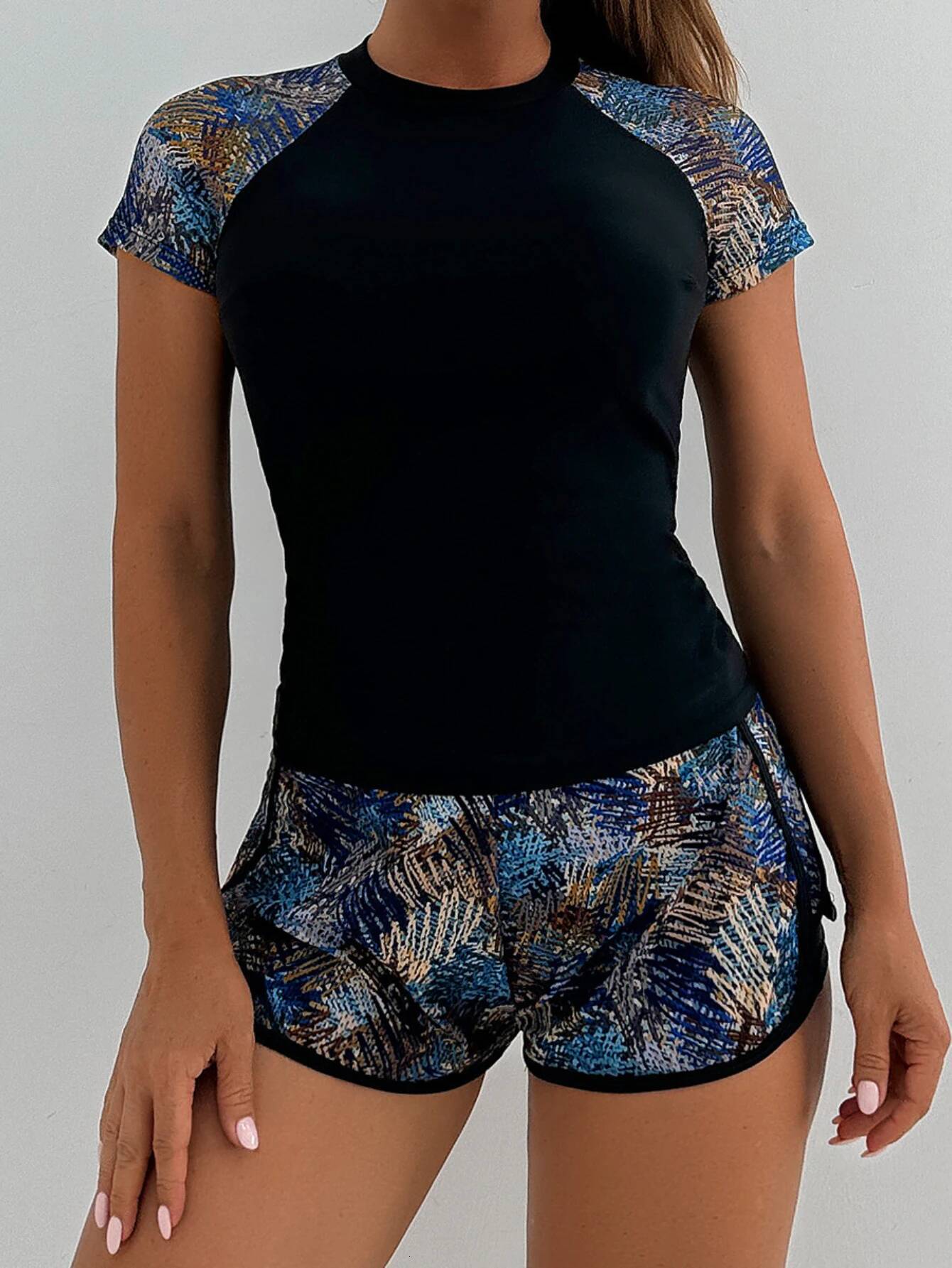 Sports for Women 2 Piece Swimsuit High Waist Tankini Short Sleeve Round Neck Patchwork Bikini Set Swimwear 2025 New
