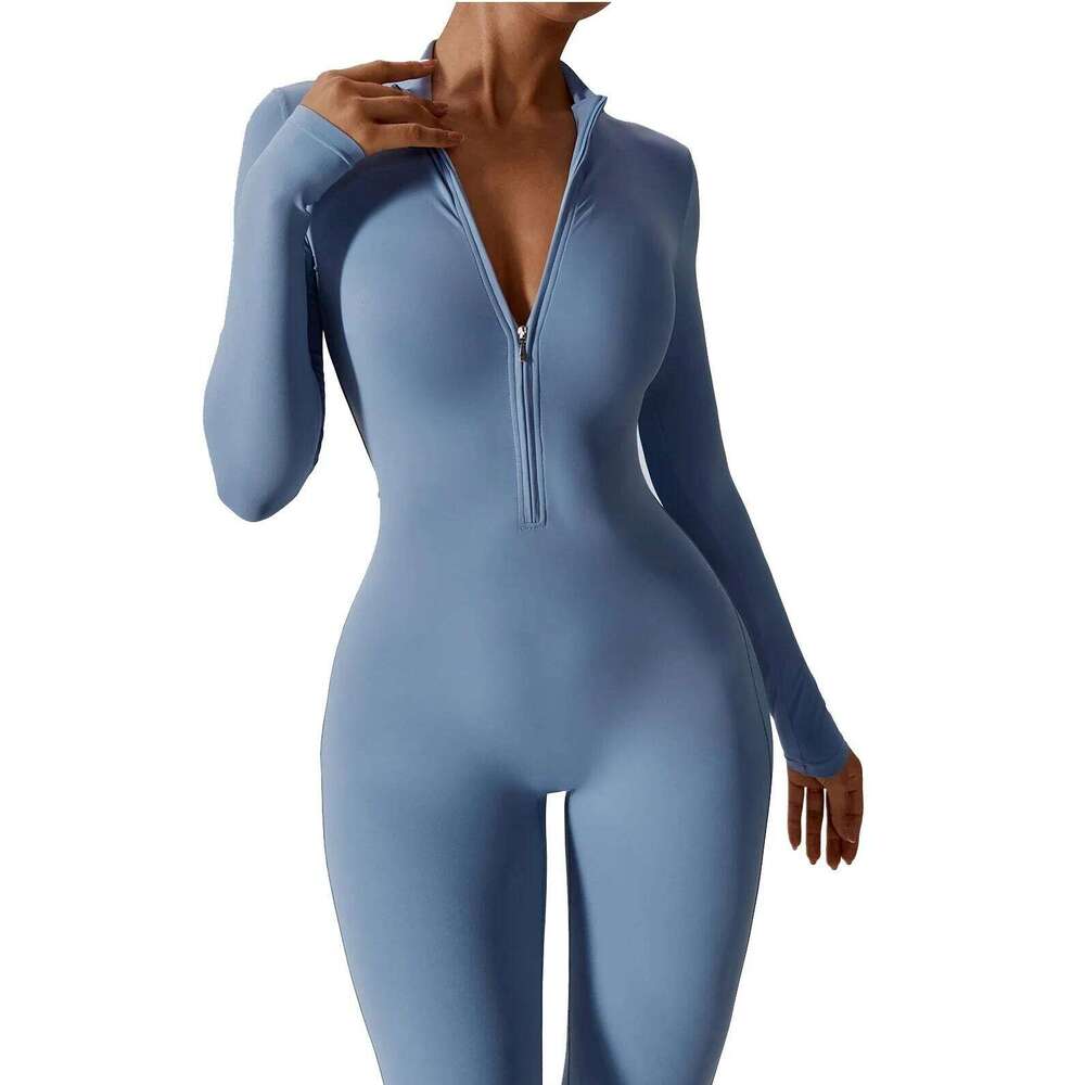 Gym Zipper Jumpsuit Yoga Boilersuit Long Sleeved Women's Sportswear Workout High-intensity Fiess One-piece Skin-tight Garment