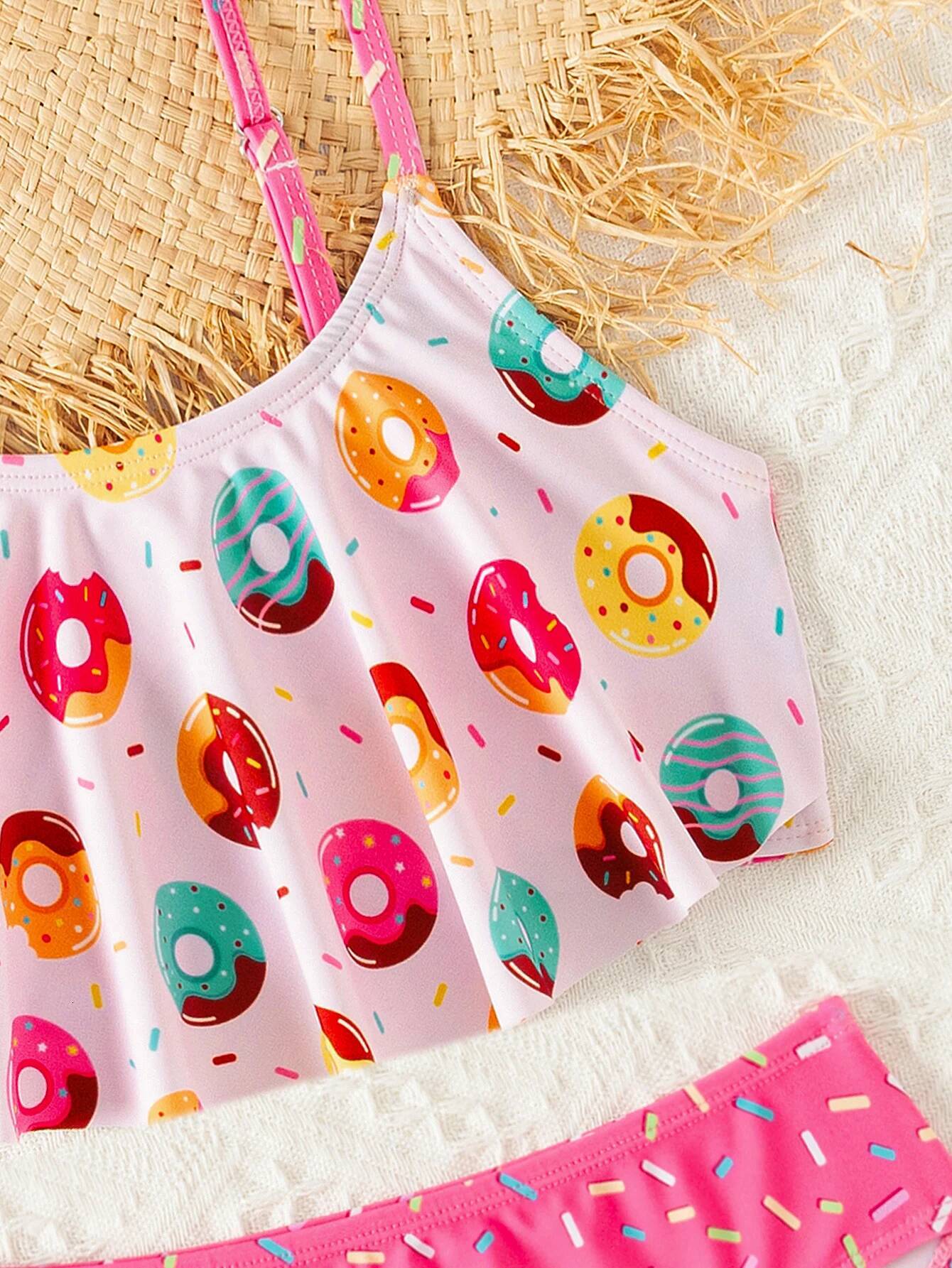 Donut Print Ruffle Deco Bikini Set Summer Beach Outdoor Cute 2-piece swimwear Contrast Adjustable Girls Kids Swimsuit