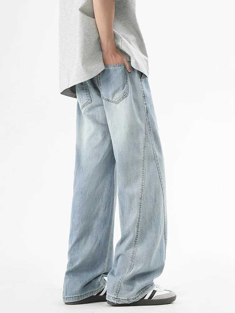 Summer Mens Lightweight Jeans Korean Fashion Breathable Cotton Drawstring Wide-Leg Baggy Denim Pants Straight Jeans Trousers M250610