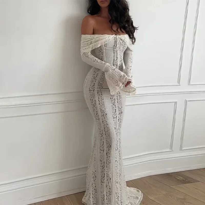 Sexy Women Hollow Out Slash Neck Lace Flared Sleeve Long Dress Elegant Laced Up Slim Fit Robes New Lady Evening Party Dresses XJ250610