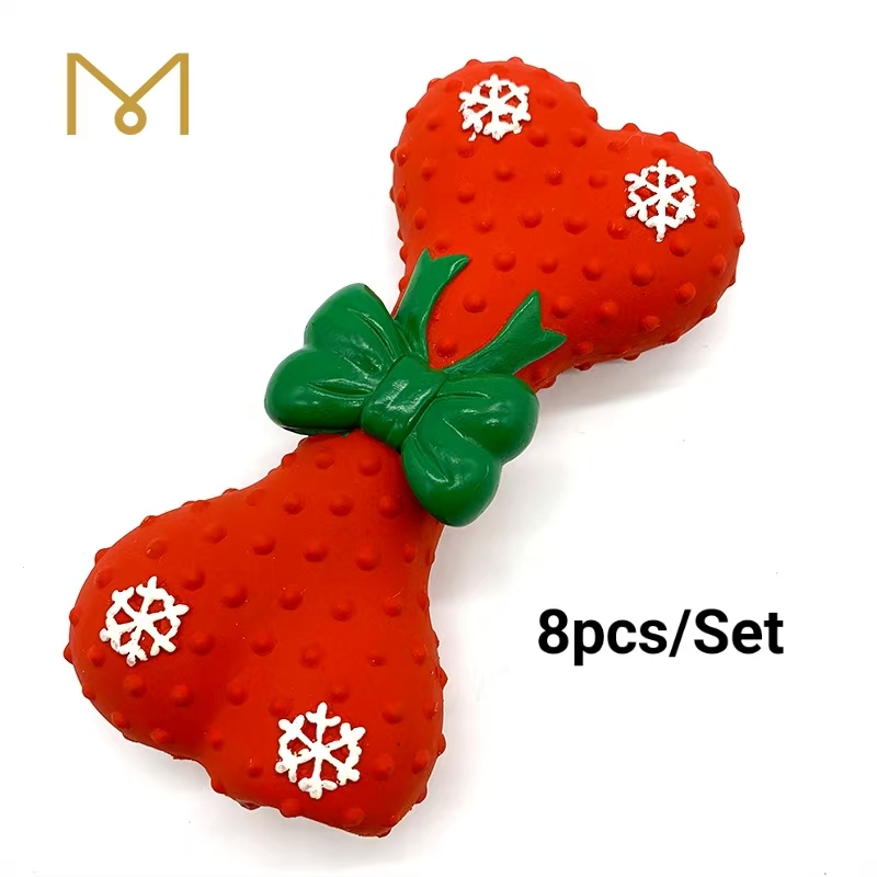 Christmas Rubber Bone Dog Toys Chinese Red Soft Cute Screaming New Natural Pet Wholesale Squeaky Latex Bone Dog Toys 8pcs/Pack
