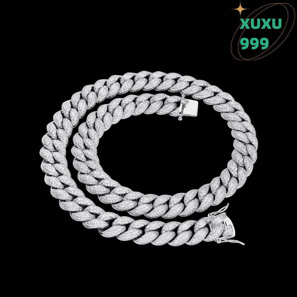 OACOCA Cuban Chain Necklace Jewelry Brass 925 Sterling Silver Cubic Zircon 12Mm Bling Out Moissanite Cuban Link Chain