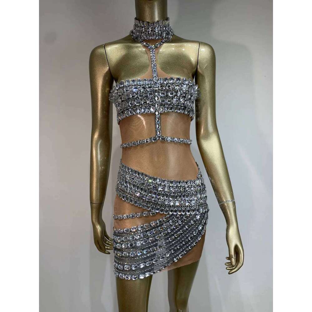Ladies Celebrity Women Sexy Tank Crystal Dias Mesh Mini Dress Birthday Party Costume Bar Nightclub Stage Performance Outfit