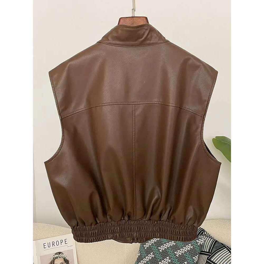 Leatherette Sleeveless New Fashion Vintage Black Vest Simple O-Neck Single Breasted Tank Faux Leather 2025 Spring Women