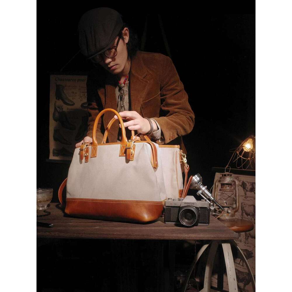 American vintage high quality canvas genuine leather ing women's handbag simple fashion hand-made travel bag