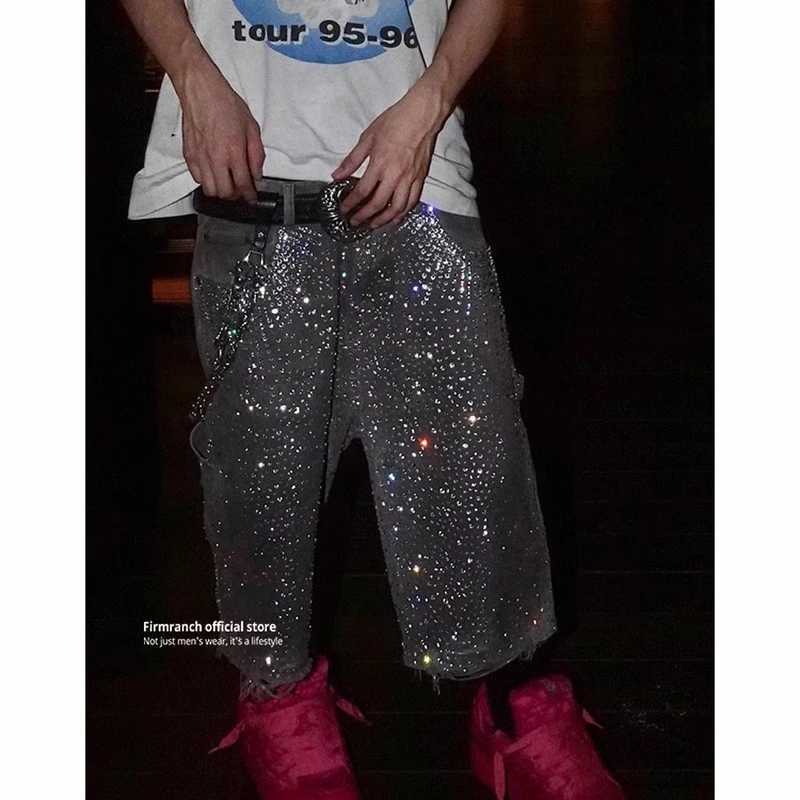 Firmranch New Full Rhinestone Jorts Men Women Black Shining Crop Pants High Street Gradient Color Sparkle Denim Shorts M250610