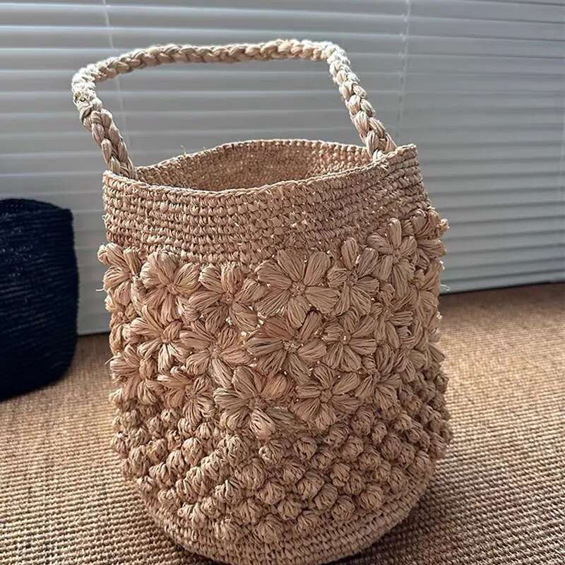 Fashion Raffia Straw Women Shoulder Bags Designer Weave Lady Handbag Casual Handmade Summer Beach Tote Bucket Bag