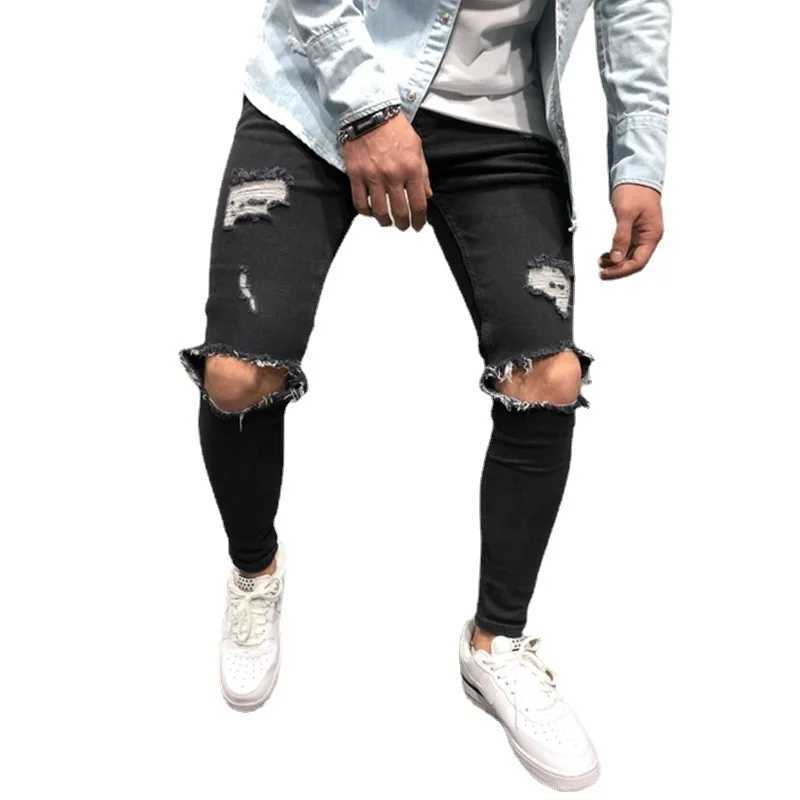 Fashion Punk Street Skinny Jeans Men Vintage Wash Solid Denim Trouser Mens Casual Slim Fit Pencil Denim Holes out Pants 2025 New M250610