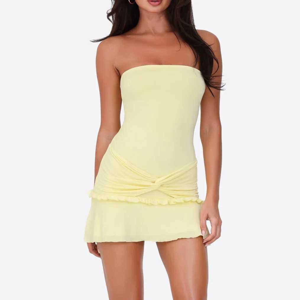 hirigin Women Y2K Frills Knotted Strapless Mini Dress Coquette Sleeveless Backless Off Shoulder Tube Bodycon Short Dress Party XJ250610