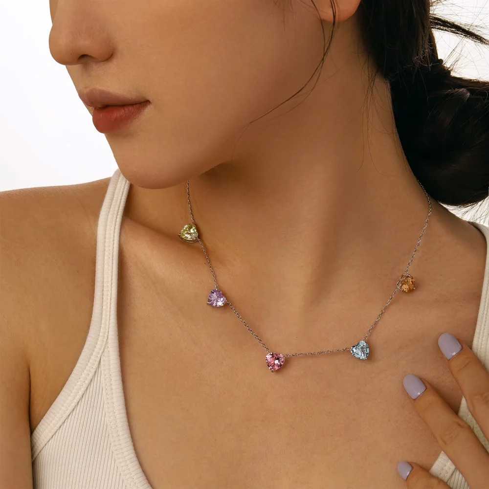 Genuine S925 Sterling Silver Necklace 5 Rainbow Heart Pendants Cubic Zircon Elegant Jewelry Gift for Women Wife Girlfriend 250609