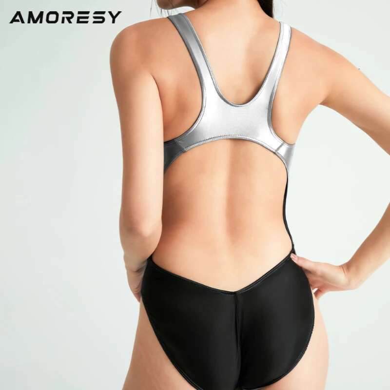 AMORESY One Piece Color block tights XCKNY satin glossy Backless swimsuit silky smooth Surfing Swimsuit