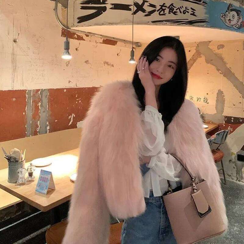 Autumn Winter High Quality Warm Imitation Fox Faux Korean Elegant Chic Fur Jacket Coat Women Outerwear