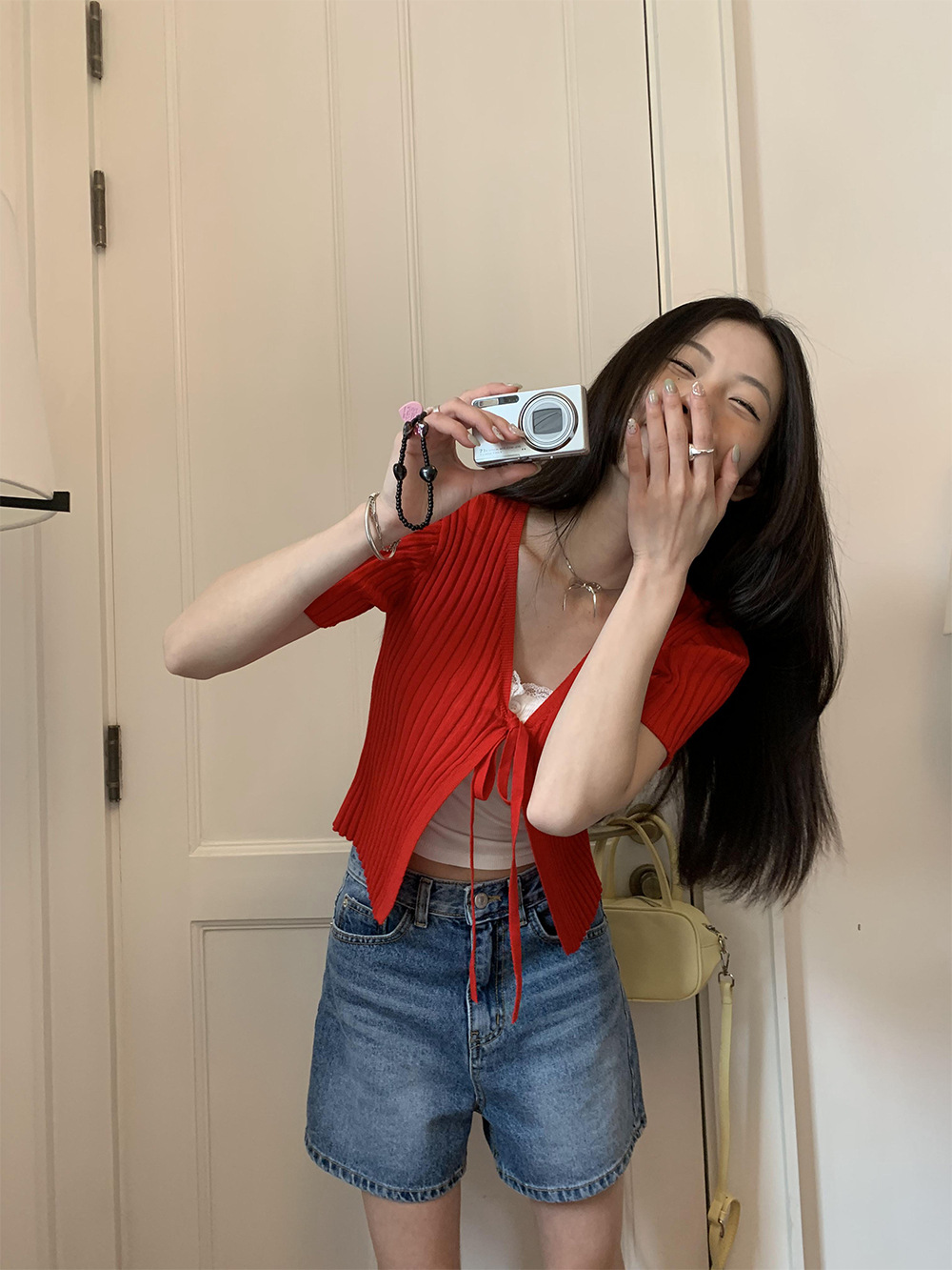 GC191 Summer Lace-up Sweater Women French Short Sleeve Cardigan Stretch Top Women